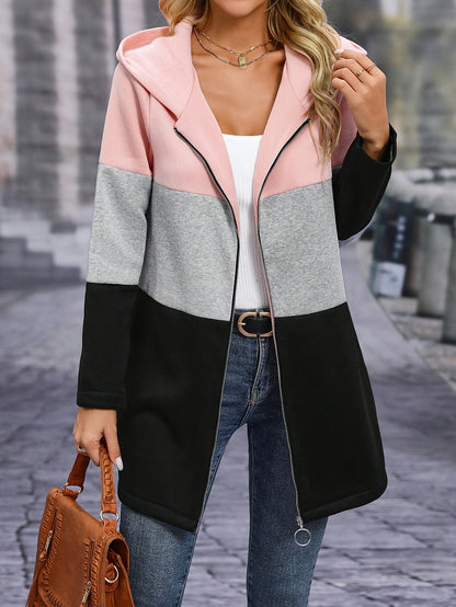 Women'S Fashion Color Block Hooded Jacket, Polyester Knit Coat, Casual Pullover with Hood, Autumn/Winter Outerwear, Elegant Style, Color Contrast Design