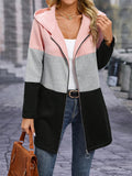 Women'S Fashion Color Block Hooded Jacket, Polyester Knit Coat, Casual Pullover with Hood, Autumn/Winter Outerwear, Elegant Style, Color Contrast Design