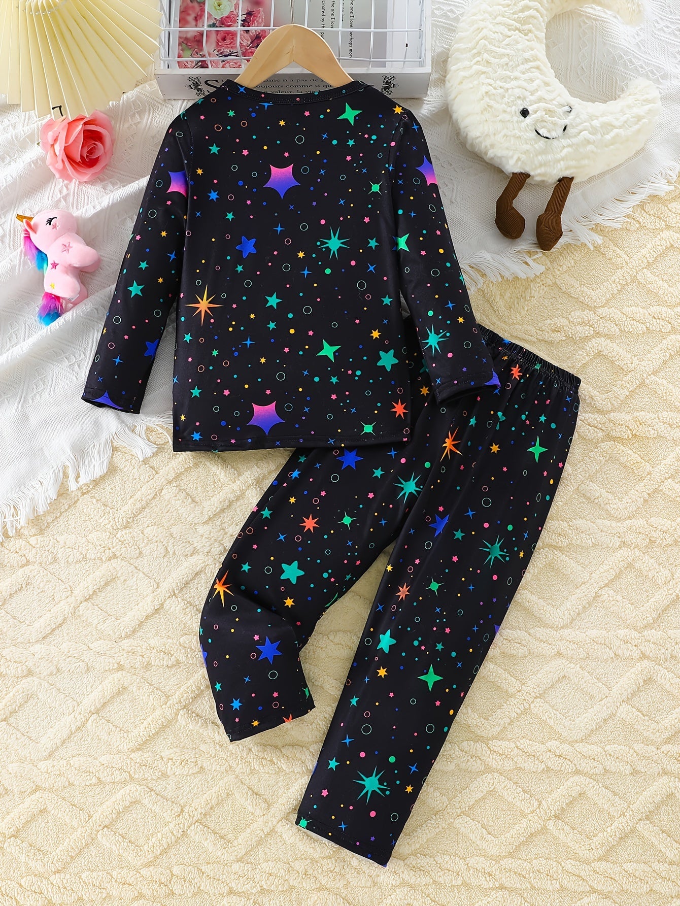 Little Girl 2pcs Set with Unicorn Long Sleeve Top and Star-printed Pants Set for Autumn and Winter, Casual and Cute Style, Home Wear Set