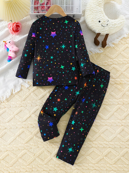 Little Girl 2pcs Set with Unicorn Long Sleeve Top and Star-printed Pants Set for Autumn and Winter, Casual and Cute Style, Home Wear Set