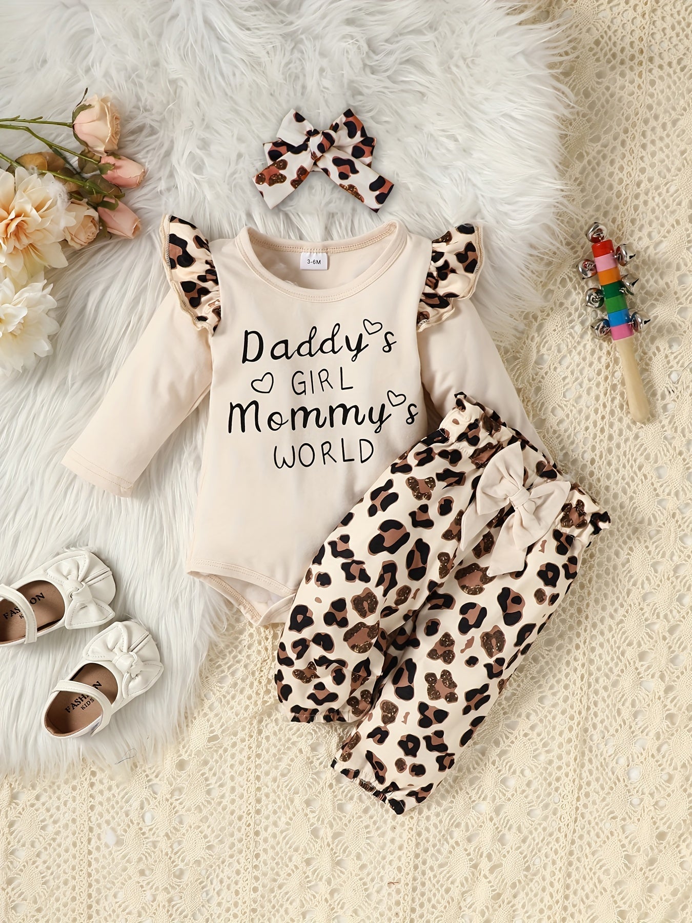 Adorable 3pcs Outfit For Baby Girls - Romper, Ruffle Sleeve Bodysuit, Cartoon Print Pants & Headband Set!