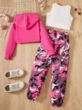 Girls' 3pcs Trendy Outfit Set: Hooded Crop Top, Letter Print Vest &amp; Camo Joggers - Machine Washable Polyester Blend for Fall/Winter, Perfect for Outdoor