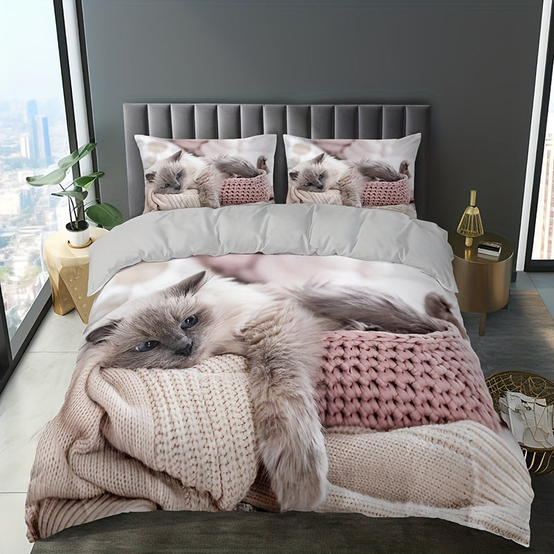 3pcs Cat Print Bedding Set - Includes 1 Duvet Cover & 2 Pillowcases, Breathable Polyester, Machine Washable - Perfect for All Seasons