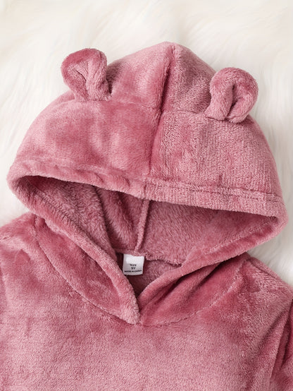 2 Pcs Girl's Cute Animal Ear Design Plus Velvet Thickened Clothing Sets, Warm Hooded Long Sleeve & Long Pants Set, Daily Outdoor Outfits For Autumn And Winter