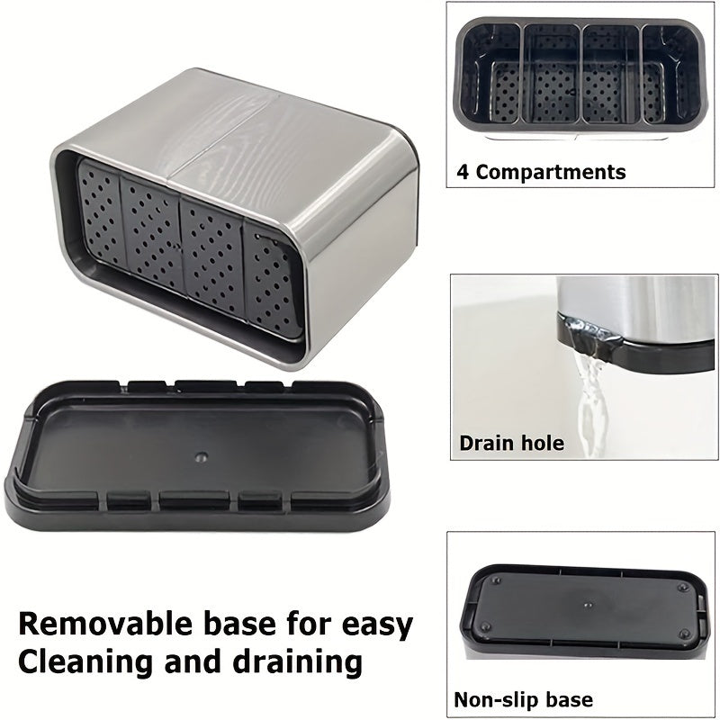 Stainless Steel Tableware Storage Box with 4 Separate Compartments, Anti-Slip Base and Removable Drip Tray - Rust Proof Kitchen Countertop Utensil Organizer