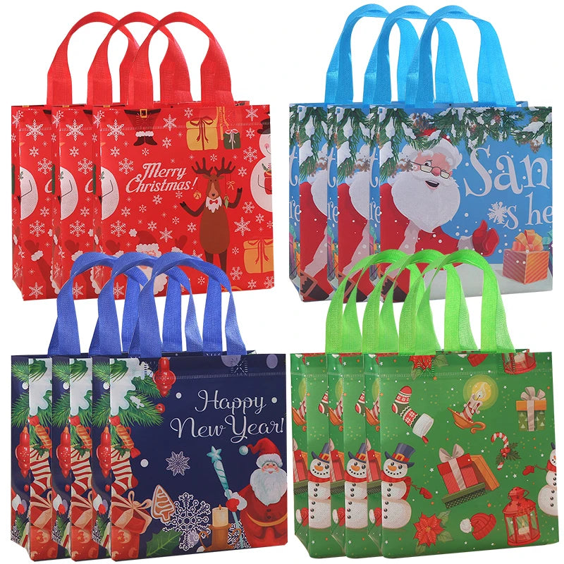 12pçs sacos de presente reutilizáveis de natal com alças, sacolas de natal não tecidas, sacos de tratamento, embrulho de presentes, compras, decoração de festa de natal