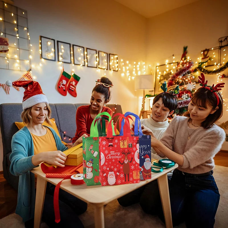 12pçs sacos de presente reutilizáveis de natal com alças, sacolas de natal não tecidas, sacos de tratamento, embrulho de presentes, compras, decoração de festa de natal