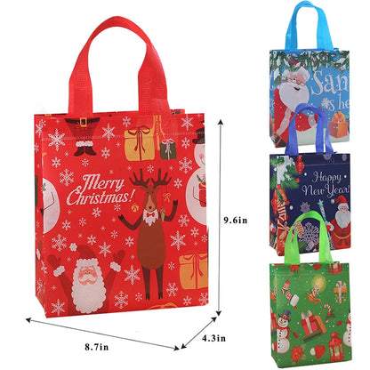 12pçs sacos de presente reutilizáveis de natal com alças, sacolas de natal não tecidas, sacos de tratamento, embrulho de presentes, compras, decoração de festa de natal