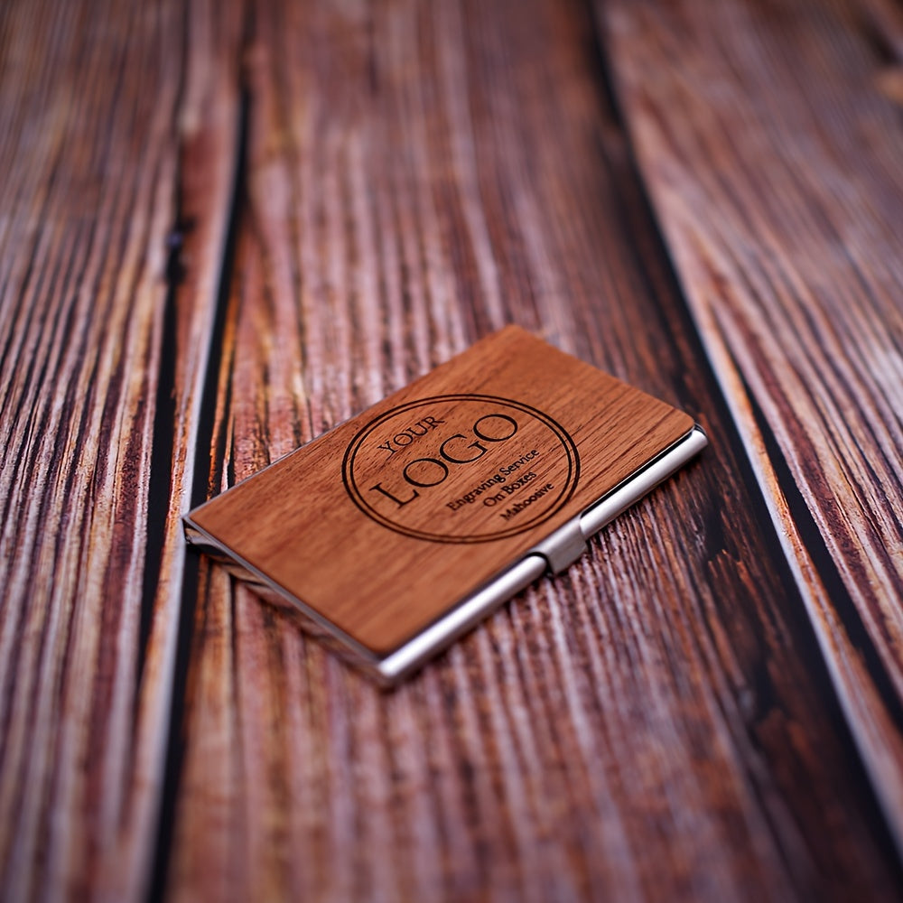 Custom Engraved Men's Business Card Holder - Vintage Style, Large Capacity, Solid Wood Grain Design in Deep Brown