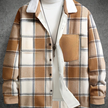 1pc Men'S Casual Plaid Fleece Jacket, Thickened Outerwear with Button Closure, Polyester Fabric, Non-Stretch, Regular Fit, Autumn/Winter Season, Solid Color Pocket Detail