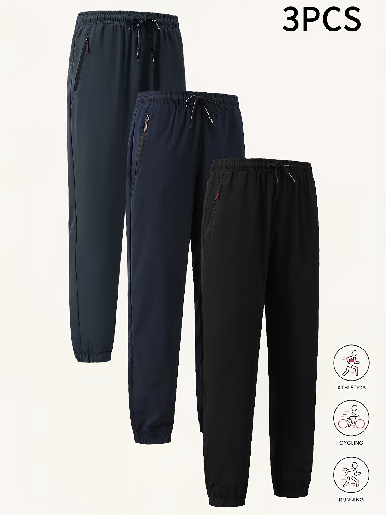 3pcs Men's High-Waist Athletic Pants - Breathable, Quick-Dry Fabric with Zipper Pockets | Ideal for Gym, Running & Outdoor Activities | Slim Fit, All-Season Wear in Black, Navy, Dark Blue, Yoga Apparel|Smooth Texture Pants|Br