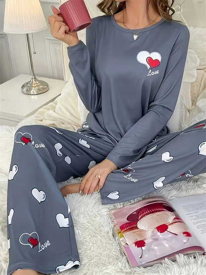 Cozy & Cute Women's Heart Pattern Pajama Set in Dark Gray - Long Sleeve & Pants, Round Neck, Soft Polyester Blend, Machine Washable Sleepwear for Autumn/Winter