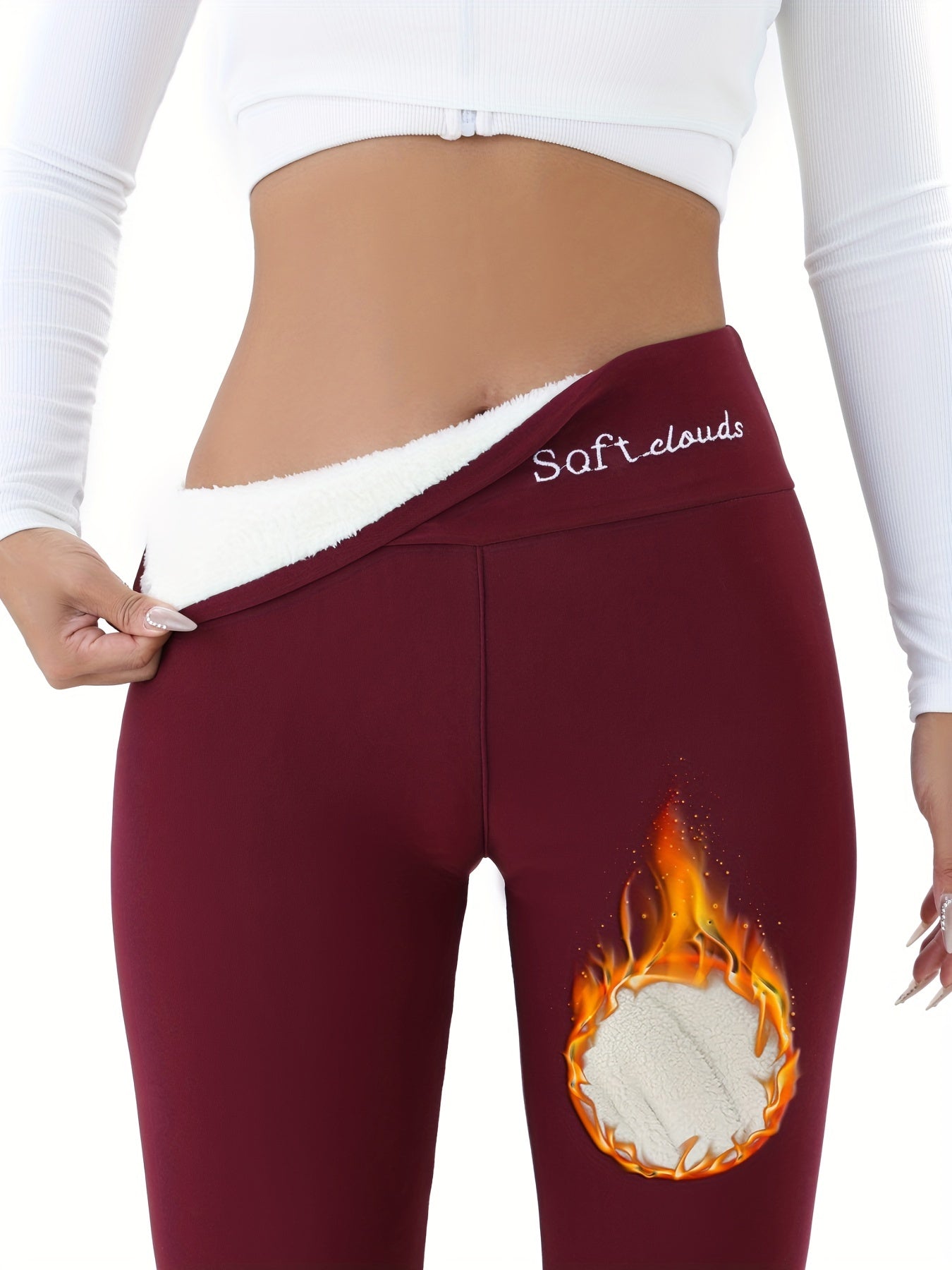 Women's Elegant Embroidered Fleece-Lined Leggings - Soft, Stretchy, Warm Fall & Winter Black Pants with Flame Detail, Plus Size Pants
