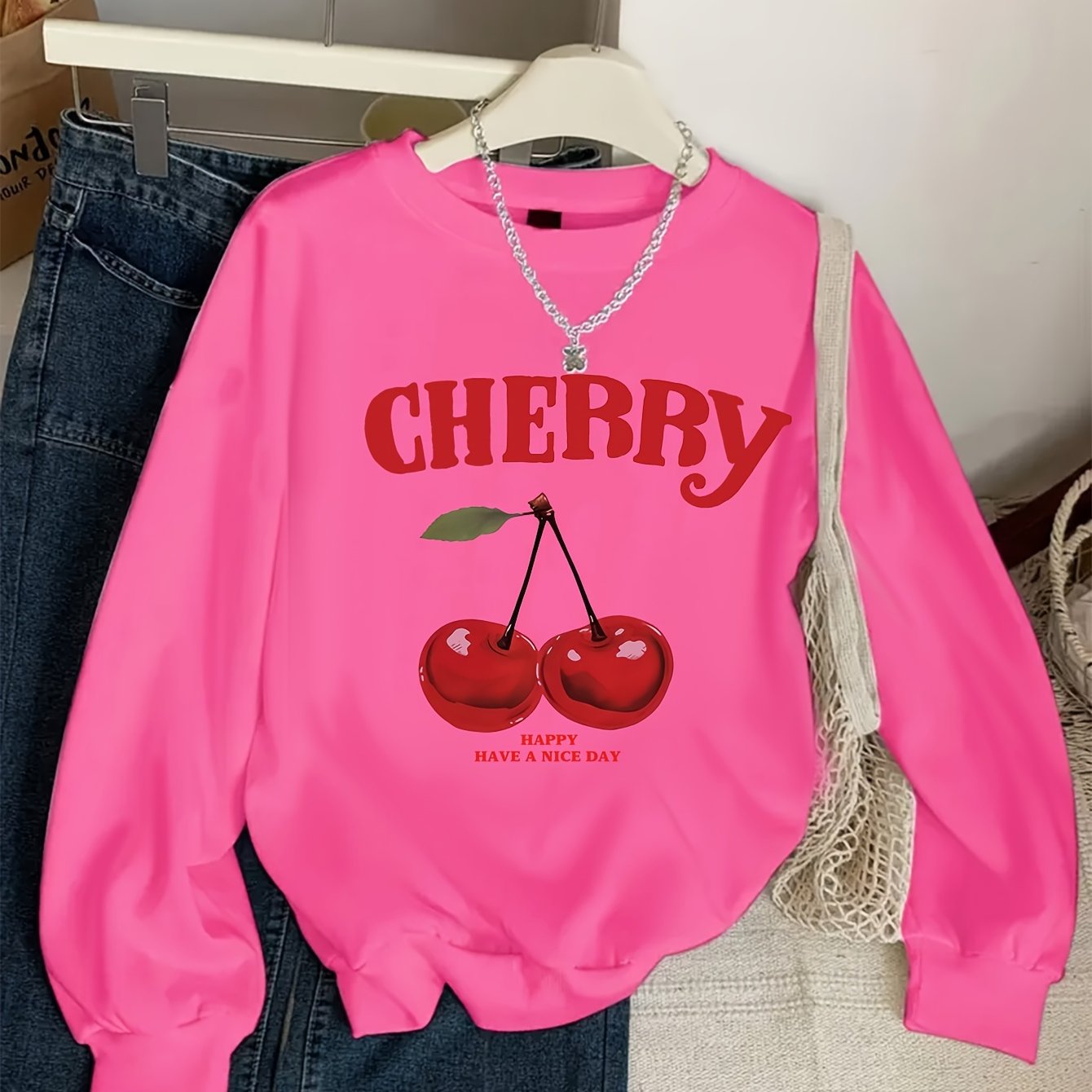 Girls' Vintage Cherry & Letter Print Casual Sweatshirt - Cozy Polyester, Round Neck, Long Sleeve for Fall/Winter