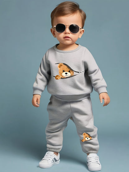 Adorable Bear Print Zip-Up Sweatshirt &amp; Joggers Set for Boys - Cozy Polyester Blend, Machine Washable - Perfect for Fall/Winter, Perfect for Outdoor