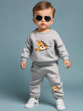 Adorable Bear Print Zip-Up Sweatshirt &amp; Joggers Set for Boys - Cozy Polyester Blend, Machine Washable - Perfect for Fall/Winter, Perfect for Outdoor