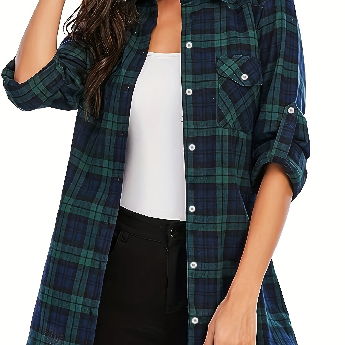 Plus Size Casual Top, Women's Plus Plaid Print Button Up Long Sleeve Turn Down Collar Blouse