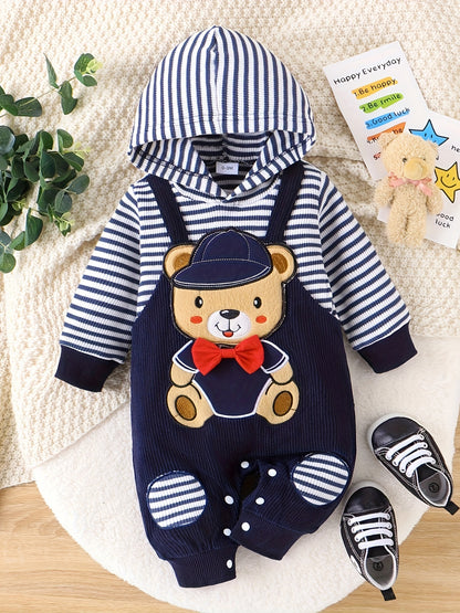 Baby Boys Cute Long Sleeve Cartoon Graphic Hooded Bodysuit 0 Months -18 Months For Winter/fall