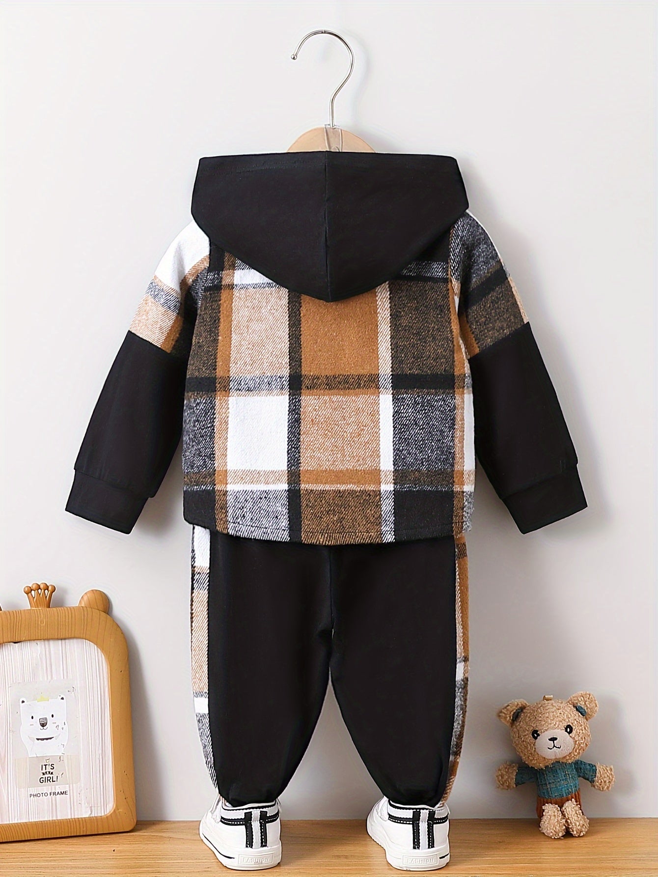 Toddler Baby Boys Stylish Hooded Plaid Long Sleeve Top & Pants Casual Outdoor Set, Winter/fall