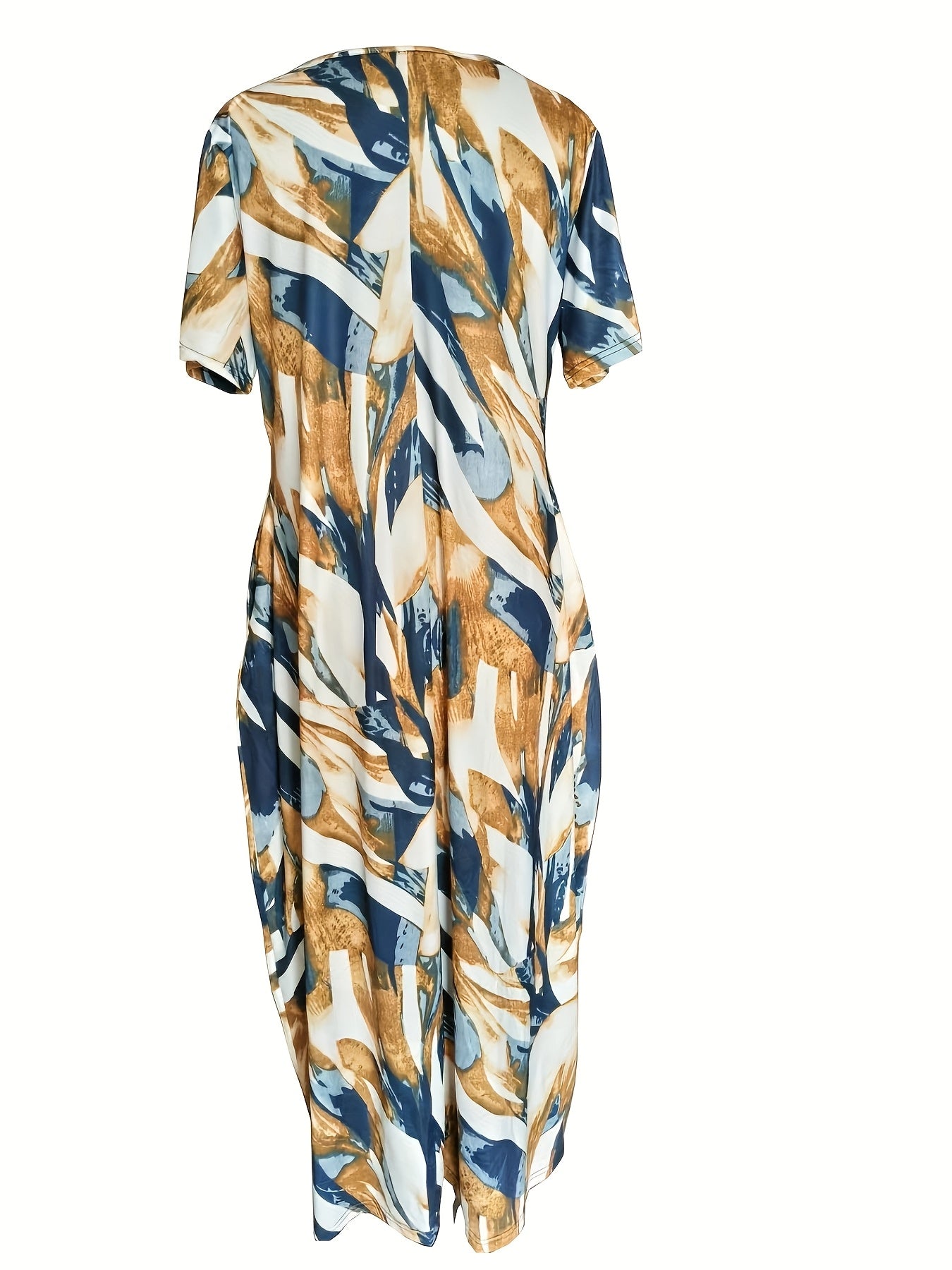 [1pc Plus Size Geometric Print Maxi Dress] 1pc Plus Size Geometric Print Maxi Dress, Stretchy Polyester Knit, Round Neck, Short Sleeve, Casual Loose Fit with Pockets, All-Season Versatile Style