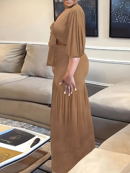 Plus Size Solid Color Casual V-Neck Long Sleeve Set