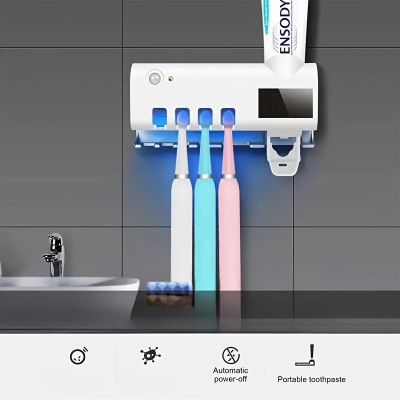 1pc Smart UV Disinfecting Toothbrush Holder with Solar Panel, Wall-Mounted 4-Slot Toothbrush Sanitizer and Squeegee Toothpaste Dispenser, Automatic Power-Off, Bathroom Accessory, No-Drill Installation, USB Rechargeable Lithiu