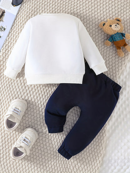 Infant Baby Spring & Autumn Cute Little Bear Print Sweatshirt Set, Long Sleeve Round Neck Top + Trouser Outdoor Clothes Set