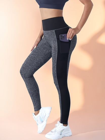 [1pc Women'S High Waist Yoga Leggings] 1pc Women'S High Waist Yoga Leggings with Contrast Color Pocket, Soft Stretchable Polyester Knit Sports Pants, Breathable Activewear for All Seasons