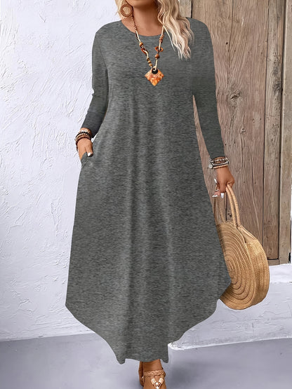 Plus Size Solid Color Dress, Casual Long Sleeve Crew Neck Dress for Spring & Fall, Women's Plus Size Clothing