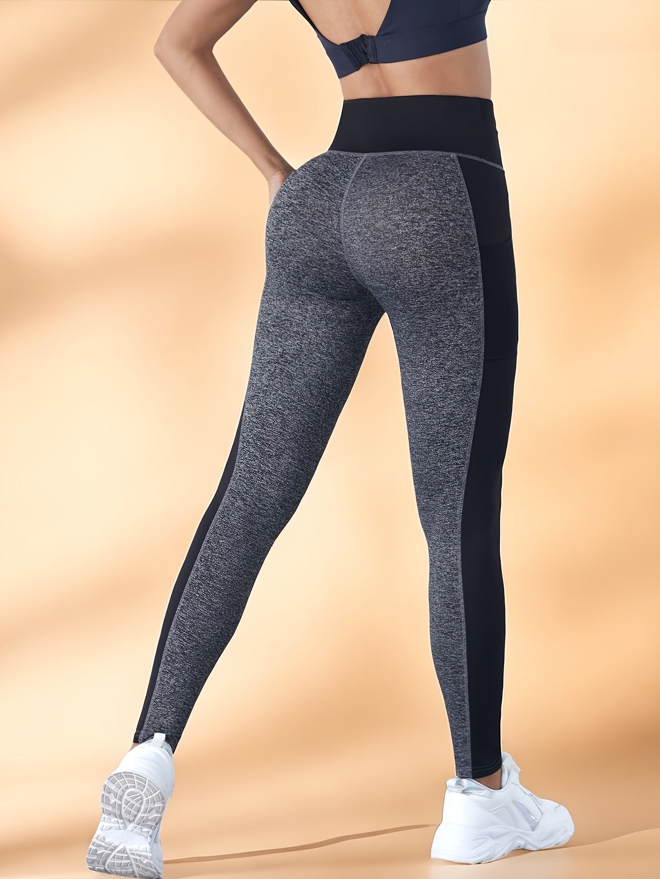 [1pc Women'S High Waist Yoga Leggings] 1pc Women'S High Waist Yoga Leggings with Contrast Color Pocket, Soft Stretchable Polyester Knit Sports Pants, Breathable Activewear for All Seasons