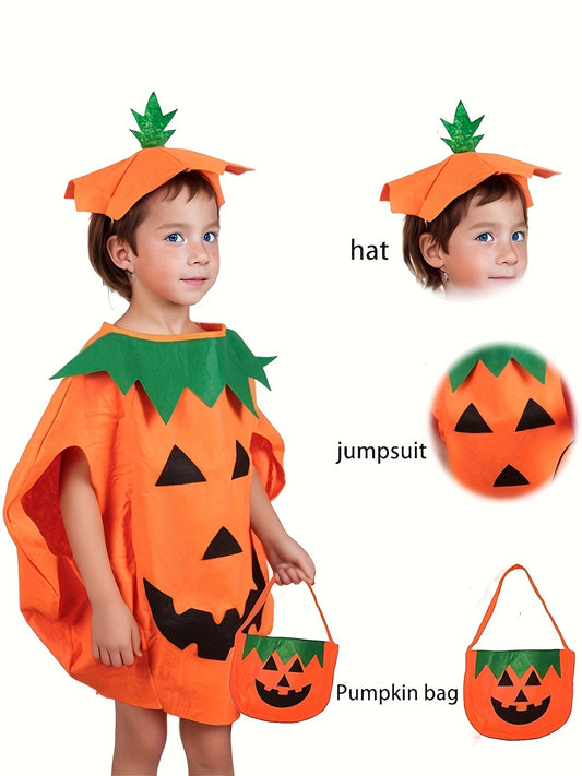 Boys Pumpkin Outfit For Halloween, One Size Fits 4-10 Years, Boys Vegetable Jumpsuit With Hat & Bag, Festive Stage Performance Outfit, Party Style