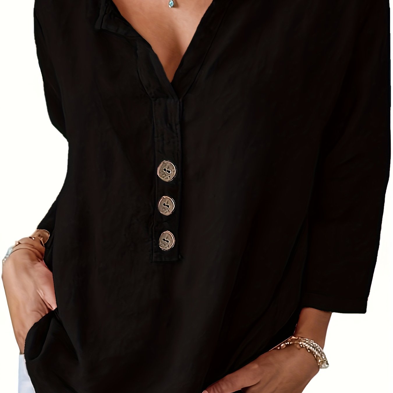 V-Neck Button-Up Top - Loose Fit Solid Color Pullover, Fashionable Casual V-Neck Shirt for Women, Relaxed Fit, Non-Stretch Cotton Linen Blouse