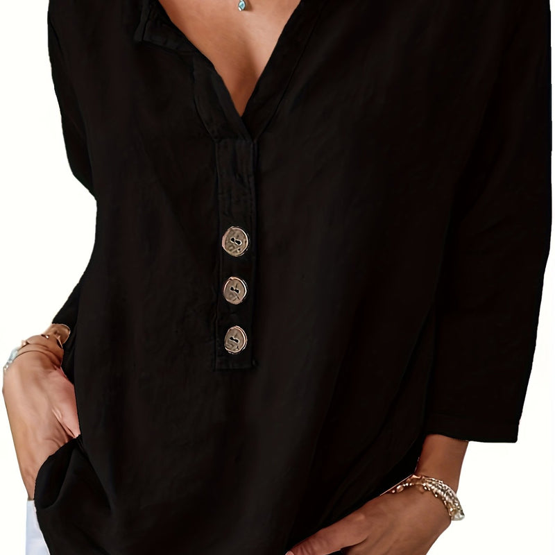 V-Neck Button-Up Top - Loose Fit Solid Color Pullover, Fashionable Casual V-Neck Shirt for Women, Relaxed Fit, Non-Stretch Cotton Linen Blouse