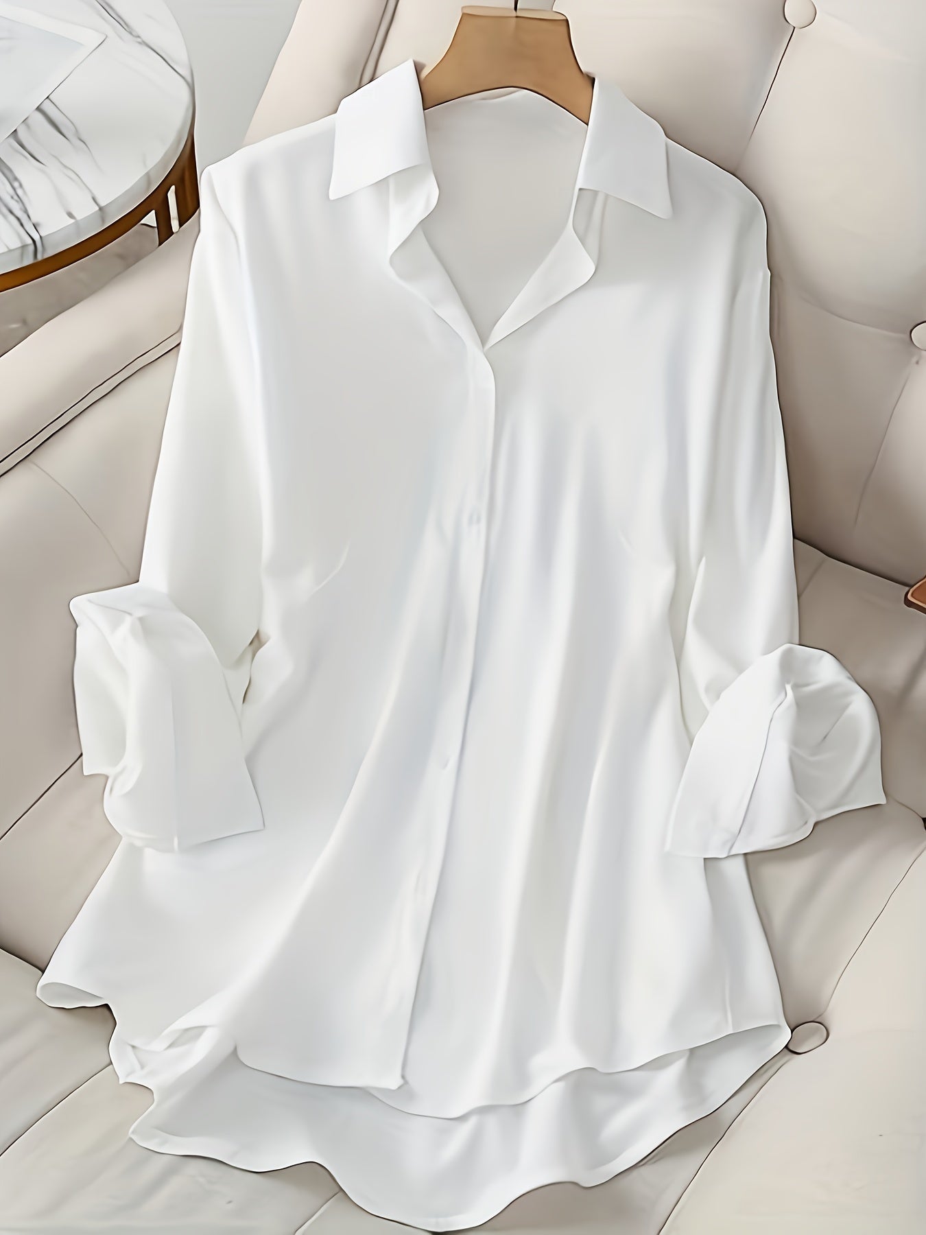 Plus Size Solid Color Long Shirt, Casual Versatile Long Sleeve Button Front Collared Shirt, Women's Plus Size Clothing