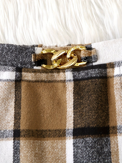 Elegant Girls' 2pcs Set: Mock Turtleneck Long Sleeve Top with Asymmetrical Plaid Skirt & Waist Detail - Machine Washable, Polyester Blend