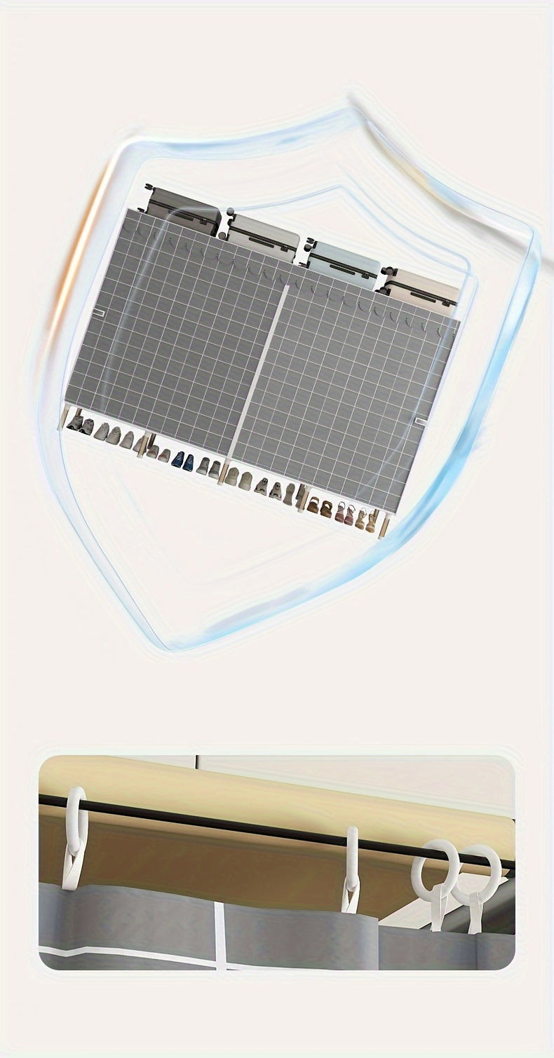 Simplified assembly of steel pipes with thickened reinforcement and 10 large capacity storage racks and 3 hanging clothes poles for storing wardrobes, easy and convenient assembly of checkered fabric cabinets