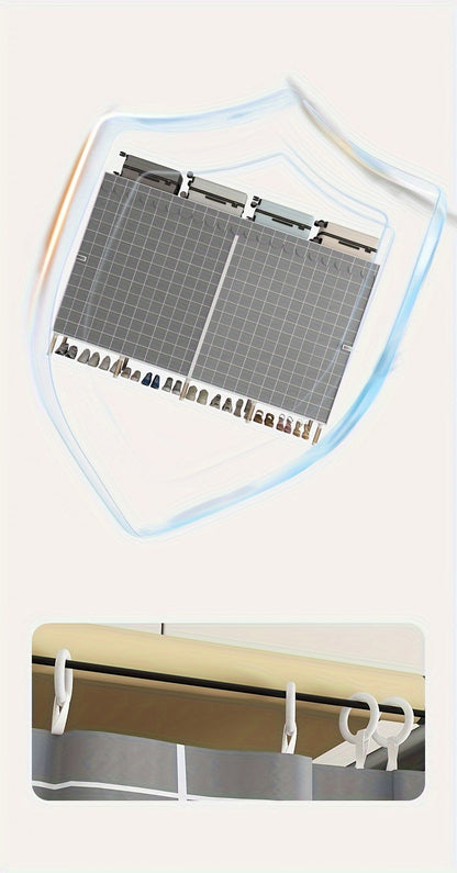 Simplified assembly of steel pipes with thickened reinforcement and 10 large capacity storage racks and 3 hanging clothes poles for storing wardrobes, easy and convenient assembly of checkered fabric cabinets
