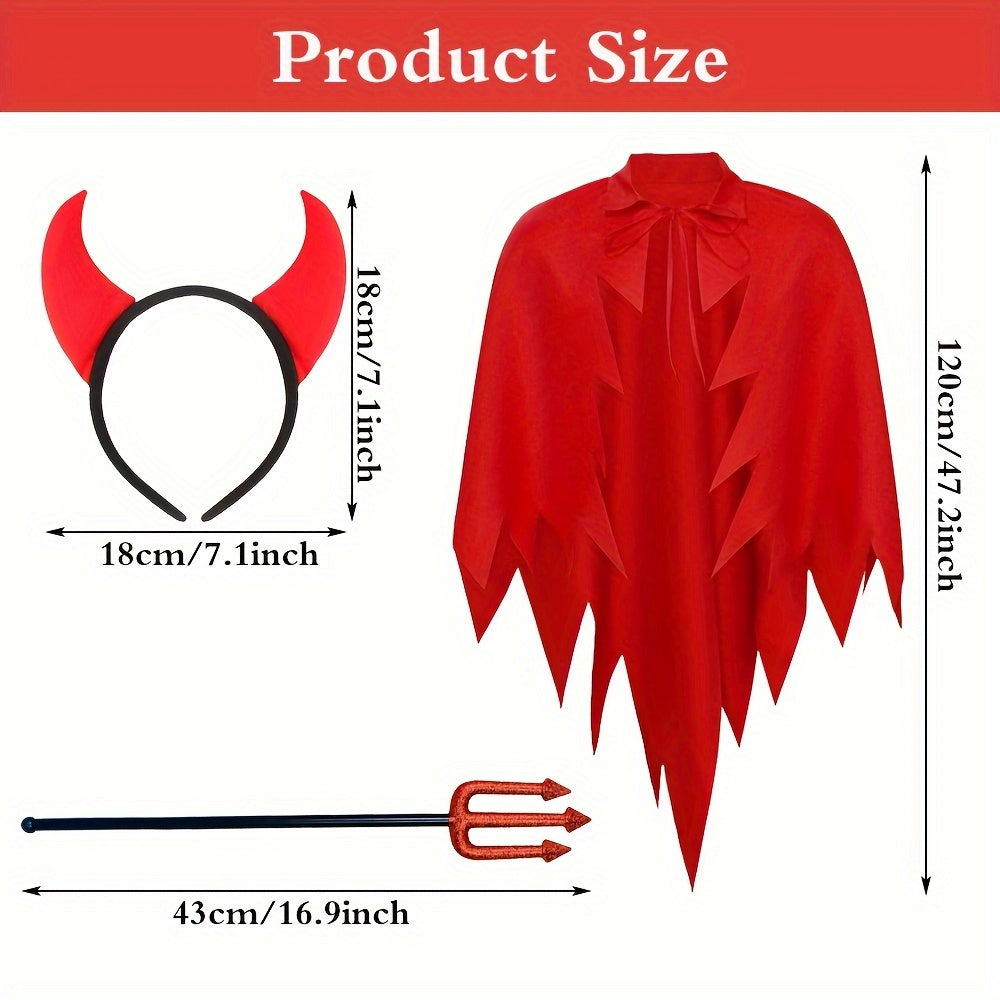 Devil Costume Set for Women - Halloween Outfit, Cosplay Cape &amp; Horn Headband with Trident, Polyester Vampire Cloak for Carnival Masquerade, Christmas, Easter, New Year, Birthday &amp; Bachelor Party - Suitable for Ages 14+ - No E