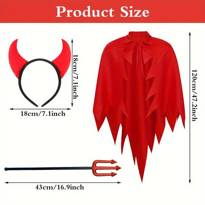 Devil Costume Set for Women - Halloween Outfit, Cosplay Cape & Horn Headband with Trident, Polyester Vampire Cloak for Carnival Masquerade, Christmas, Easter, New Year, Birthday & Bachelor Party - Suitable for Ages 14+ - No E