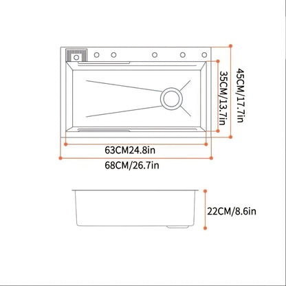 Modern Black Stainless Steel Kitchen Sink with Digital Display - Large Single Bowl, Multi-Purpose Design, Includes Faucet & Accessories, 26.7" (68x45x22cm)
