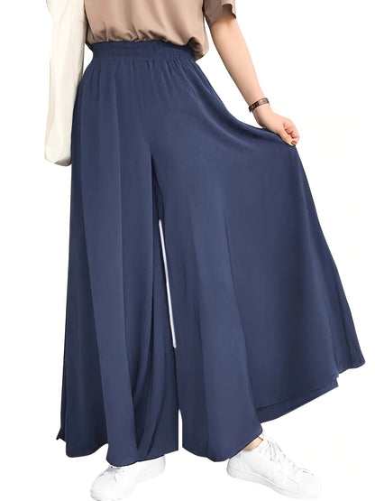 Plus Size Casual Pants, Women's Plus Solid Elastic High Rise Medium Stretch Loose Wide Leg Trousers