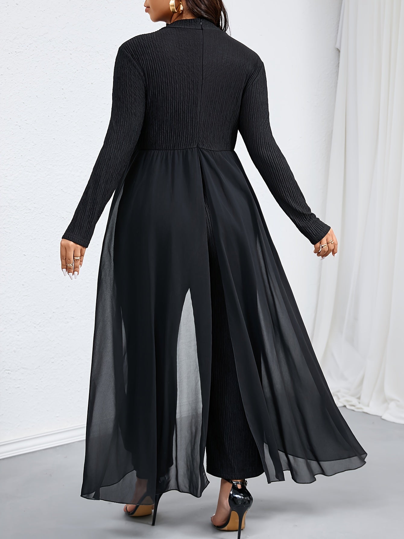 Elegant Women's Plus-Size T-Shirt Jumpsuit with Hollow-Out Detail, Polyester Knit Fabric, Small Stand Collar, Solid Color, Mid-Stretch, for Autumn/Winter
