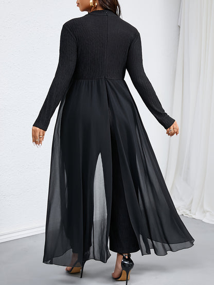Elegant Women's Plus-Size T-Shirt Jumpsuit with Hollow-Out Detail, Polyester Knit Fabric, Small Stand Collar, Solid Color, Mid-Stretch, for Autumn/Winter