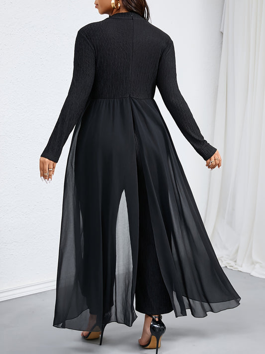 Elegant Women's Plus-Size T-Shirt Jumpsuit with Hollow-Out Detail, Polyester Knit Fabric, Small Stand Collar, Solid Color, Mid-Stretch, for Autumn/Winter