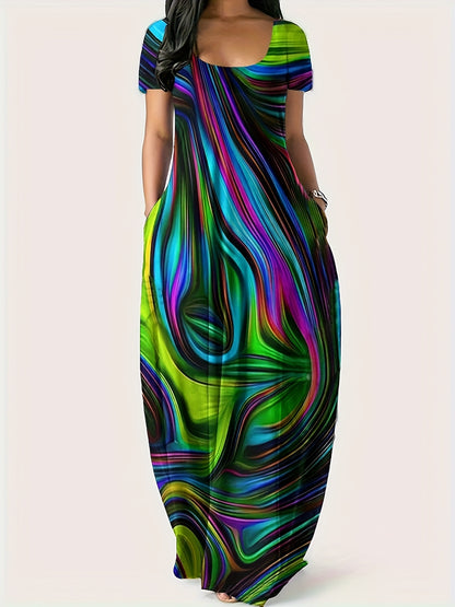 [1pc Plus Size Geometric Print Maxi Dress] 1pc Plus Size Geometric Print Maxi Dress, Stretchy Polyester Knit, Round Neck, Short Sleeve, Casual Loose Fit with Pockets, All-Season Versatile Style