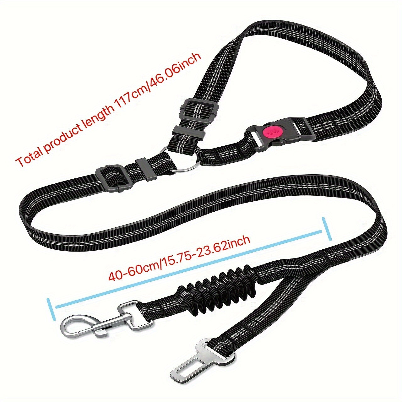 Heavy-Duty Adjustable Dog Seat Belt - Dual-Use, Retractable Car Harness with Elastic Bungee for Pet Safety & Comfort, Nylon Striped Design