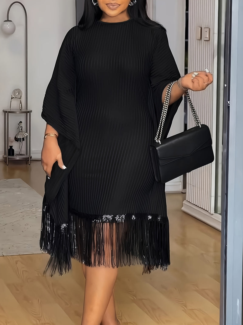 Bat Sleeve Plus Size Tights Tassel Dress