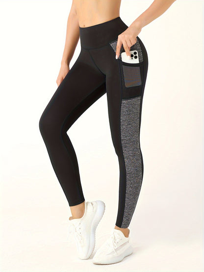 [1pc Women'S High Waist Yoga Leggings] 1pc Women'S High Waist Yoga Leggings with Contrast Color Pocket, Soft Stretchable Polyester Knit Sports Pants, Breathable Activewear for All Seasons