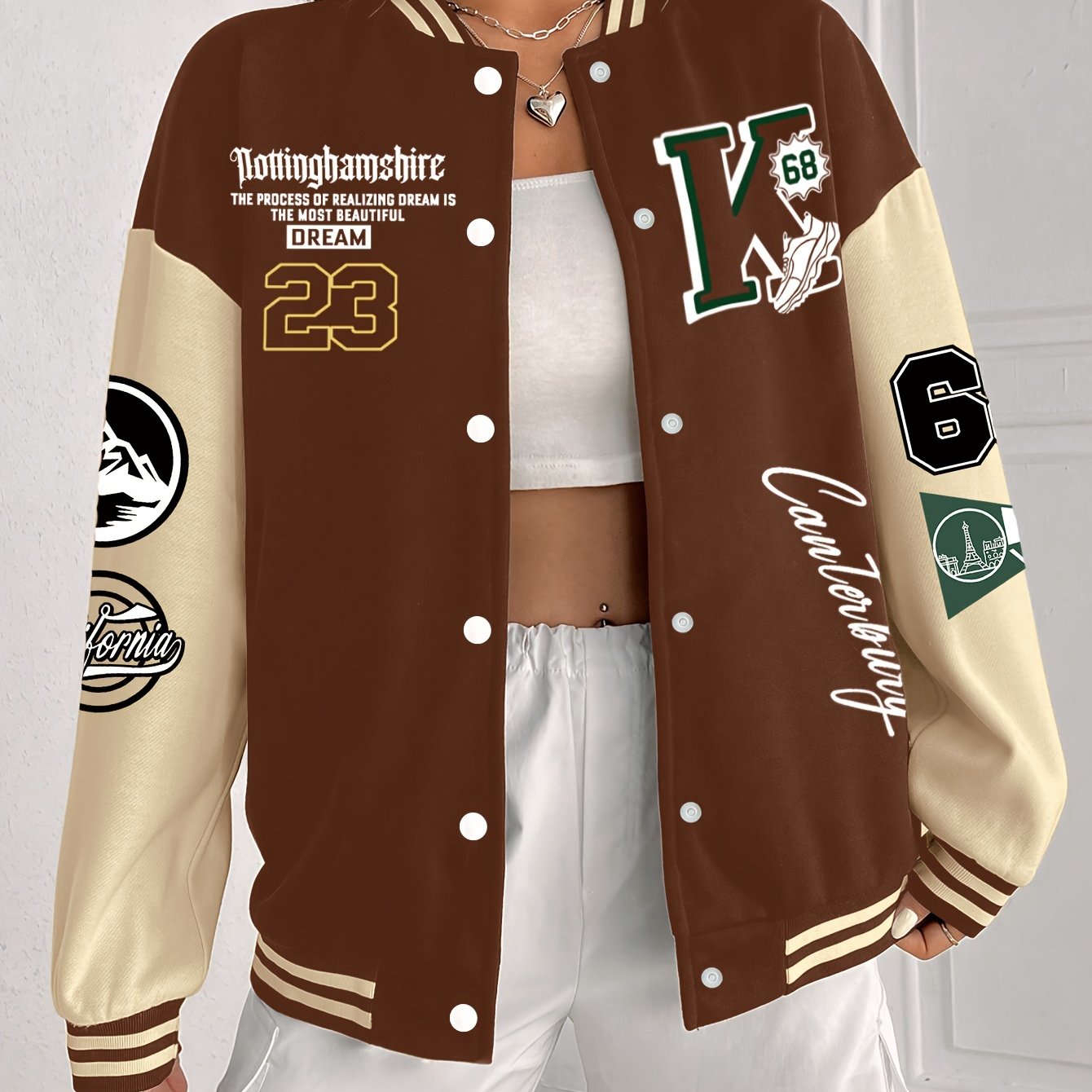 Chic Plus Size Women's Baseball Jacket - Casual Fall/Winter Coat with Letter Print, Button-Up Front, Machine Washable