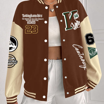 Chic Plus Size Women's Baseball Jacket - Casual Fall/Winter Coat with Letter Print, Button-Up Front, Machine Washable